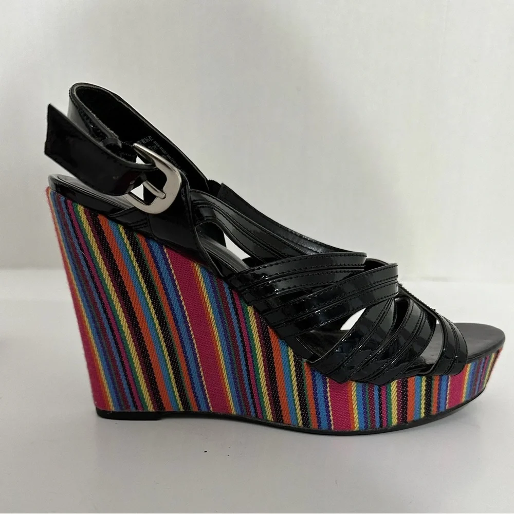 Westies Black with Multicolored Stripe Platform Wedge Sandals Size 9